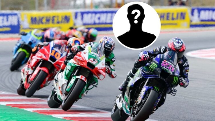 Fabio Quartararo of Yamaha leads a pack of MotoGP riders at the 2025 Catalan Grand Prix