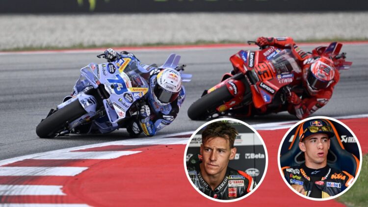 Alex Marquez of Gresini Racing battles Marc Marquez of Ducati at the 2025 Catalan Grand Prix, including Fabio Quartararo and Pedro Acosta
