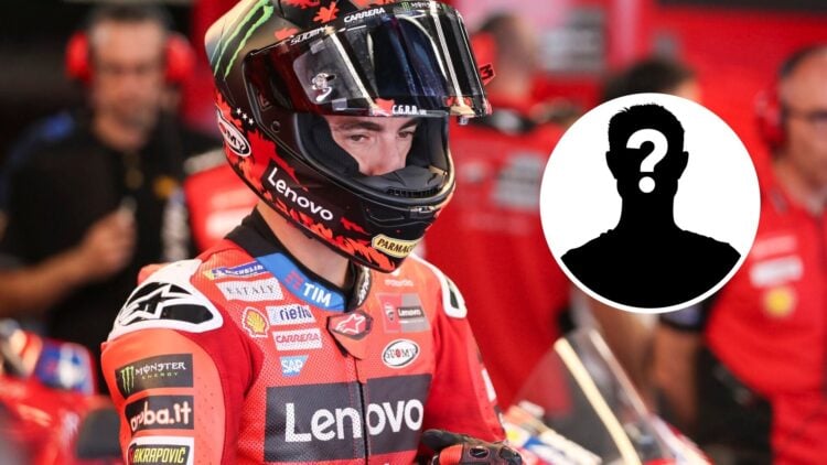 Ducati rider Francesco Bagnaia in the garage during practice for the 2025 MotoGP Catalan Grand Prix in Barcelona with a mystery overlay image on th...