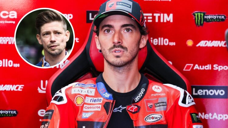 Francesco Bagnaia of Ducati sits in the garage at the San Marino Grand Prix with Casey Stoner at F1's 2025 Australian Grand Prix in the overlay image.