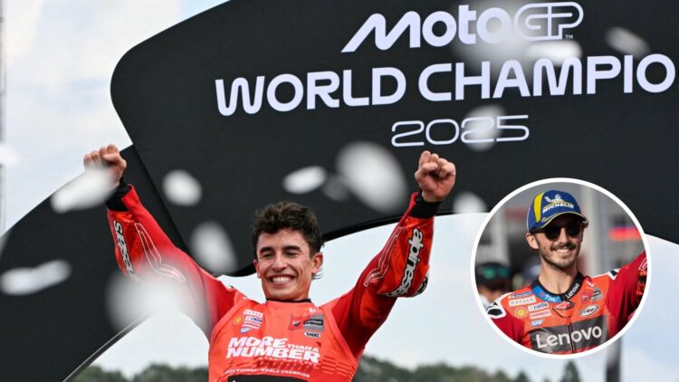 Marc Marquez of Ducati celebrates winning the 2025 MotoGP championship at the Japanese Grand Prix and Francesco Bagnaia