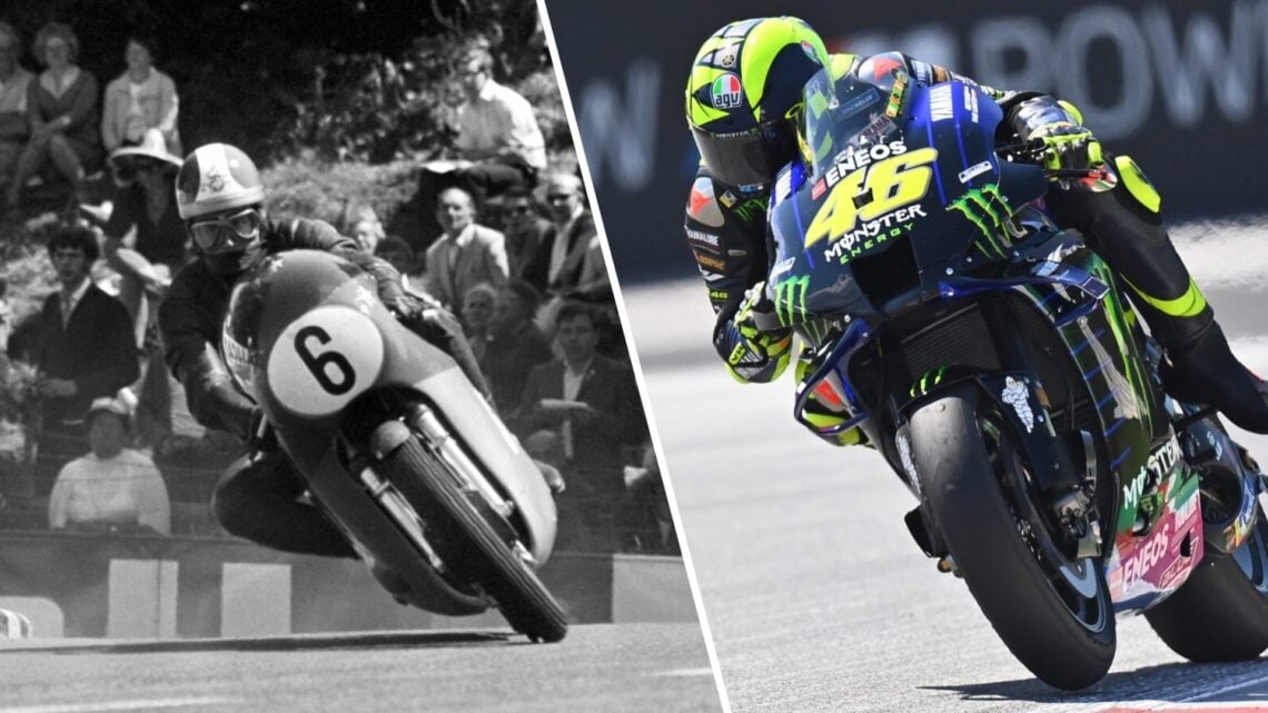 (Left) black and white image of Giacomo Agostini racing past crowds in the 1969 Isle of Man TT. (Right) riding his bike during a practice session f...