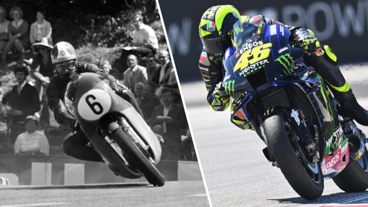 (Left) black and white image of Giacomo Agostini racing past crowds in the 1969 Isle of Man TT. (Right) riding his bike during a practice session f...