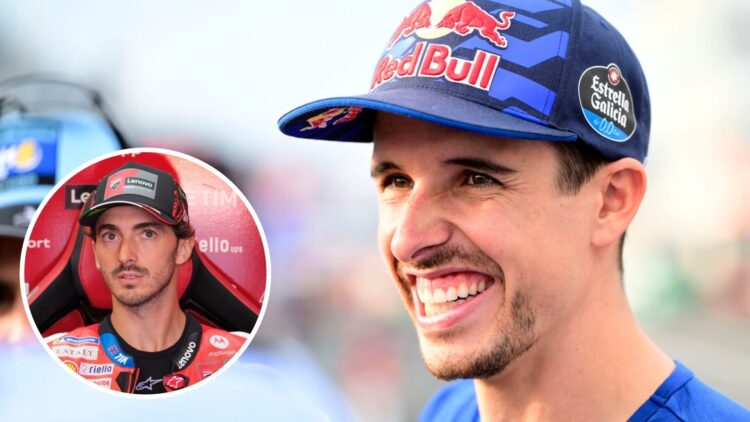 Gresini rider Alex Marquez speaks to the media at Motegi before the 2025 MotoGP Japanese Grand Prix with an inset of Francesco Bagnaia in the Ducat...