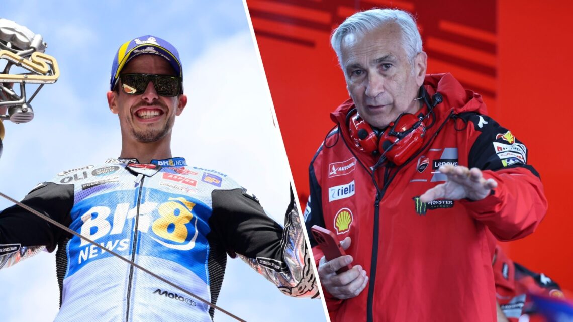 Gresini rider Alex Marquez celebrates winning the 2025 MotoGP Catalan Grand Prix in Barcelona and Ducati team manager Davide Tardozzi during practi...