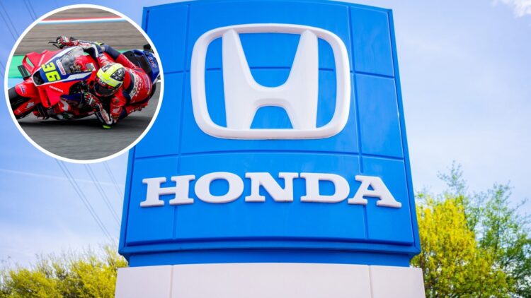 The Honda logo pictured in Texas USA, inset Honda rider Joan Mir at the 2025 Dutch TT