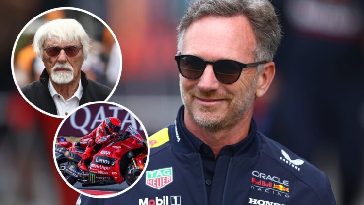 Christian Horner pictured at the 2025 F1 Austrian Grand Prix, insets Bernie Ecclestone and Marc Marquez