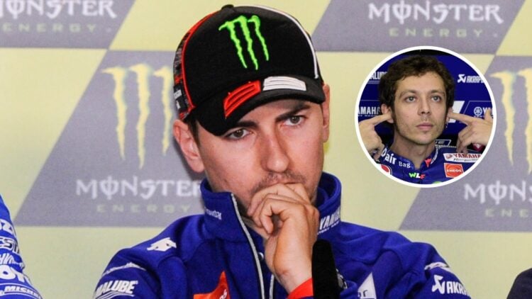 Jorge Lorenzo during a Yamaha press conference in 2015, with Valentino Rossi with his fingers in his ears in the Yamaha garage during the 2015 Moto...