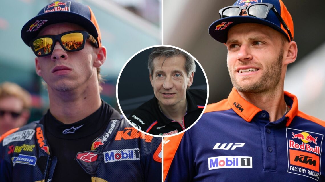 KTM's Pedro Acosta walks through the Misano paddock at the 2025 MotoGP San Marino Grand Prix and Brad Binder heads to the riders' parade before the...