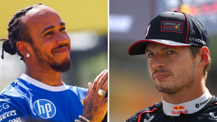 Split image of Lewis Hamilton on the left smiling to Ferrari fans at the Italian Grand Prix and Max Verstappen walking through the paddock in Monza...