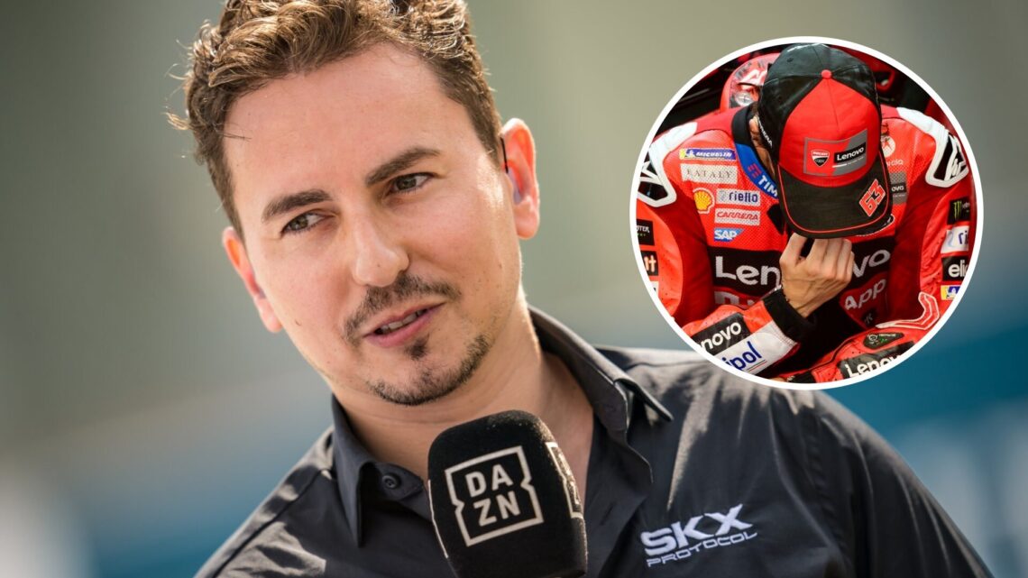 MotoGP legend Jorge Lorenzo speaks during punditry duties; inset of Ducati rider Francesco Bagnaia