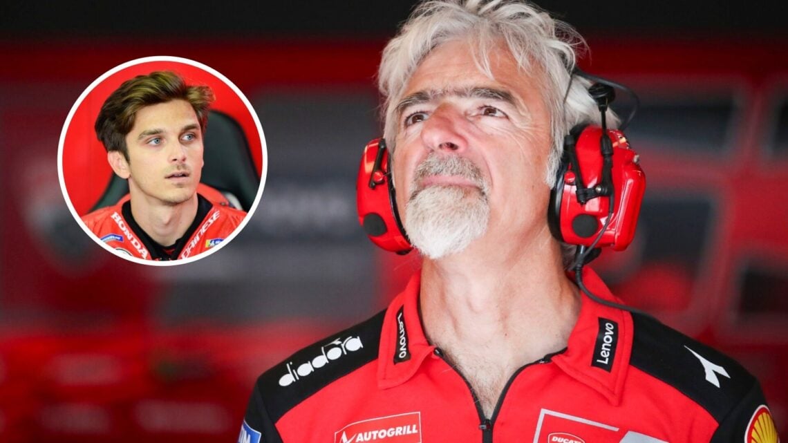 Luigi Dall'Igna in the Ducati garages during the 2025 Aragon Grand Prix, with Luca Marini in the Honda Garages during the 2025 German Grand Prix in...