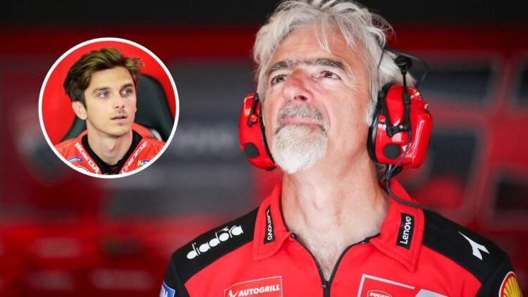 Luigi Dall'Igna in the Ducati garages during the 2025 Aragon Grand Prix, with Luca Marini in the Honda Garages during the 2025 German Grand Prix in...