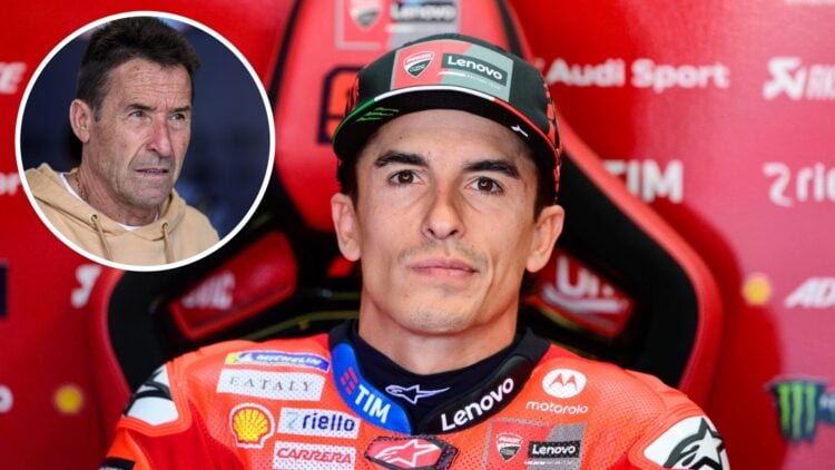 Ducati rider Marc Marquez sits in his garage at the 2025 San Marino Grand Prix, inset Julia Marquez