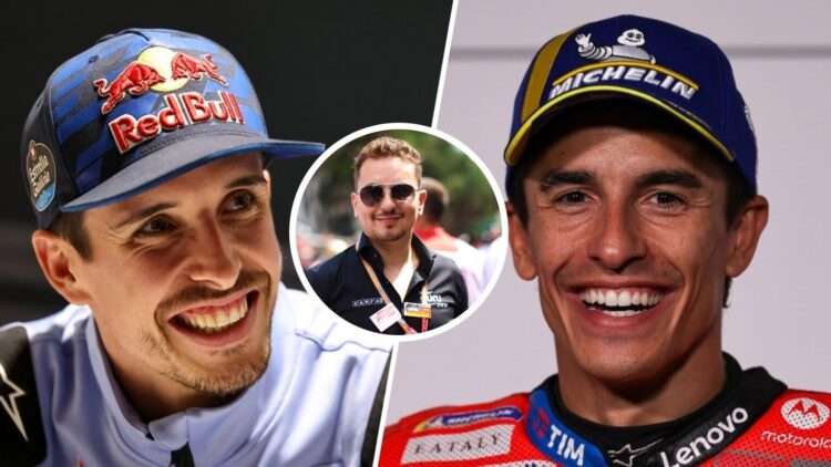 Gresini rider Alex Marquez in the pre-event press conference at the 2025 MotoGP Czech Grand Prix and Marc Marquez of Ducati in Germany, with Jorge ...
