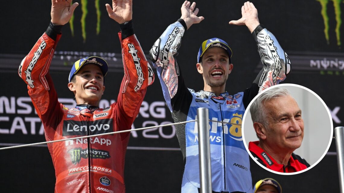 Marc Marquez of Ducati and Alex Marquez of Gresini celebrate on the podium; inset of Davide Tardozzi