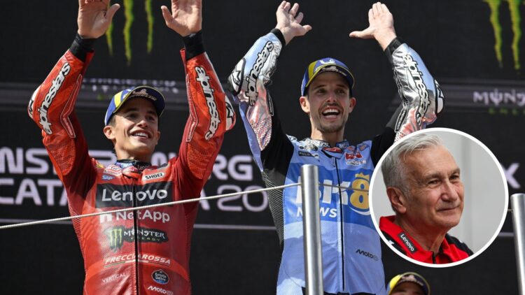 Marc Marquez of Ducati and Alex Marquez of Gresini celebrate on the podium; inset of Davide Tardozzi