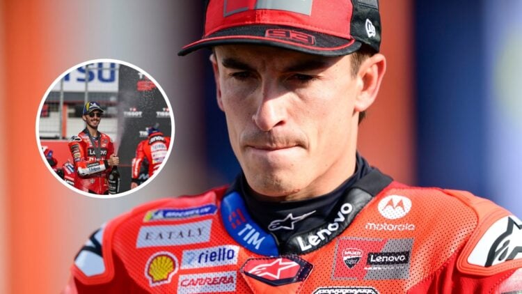 Marc Marquez walking through the MotoGP paddock after the Japanese Grand Prix Sprint race, with Francesco Bagnaia celebrating his win in the Japane...