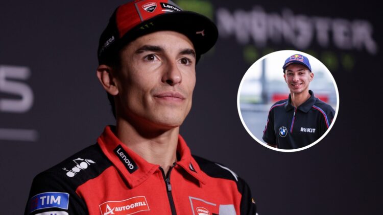 Marc Marquez sitting in a MotoGP press conference in Ducati gear and Toprak Razgatlioglu in the overlay image in the WSBK pit lane during a session