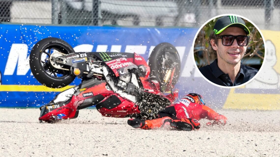 Marc Marquez crashing out of the Sprint race at the 2025 Misano Grand Prix with Valentino Rossi at the 2025 8 Hours of Bahrain Endurance race in th...