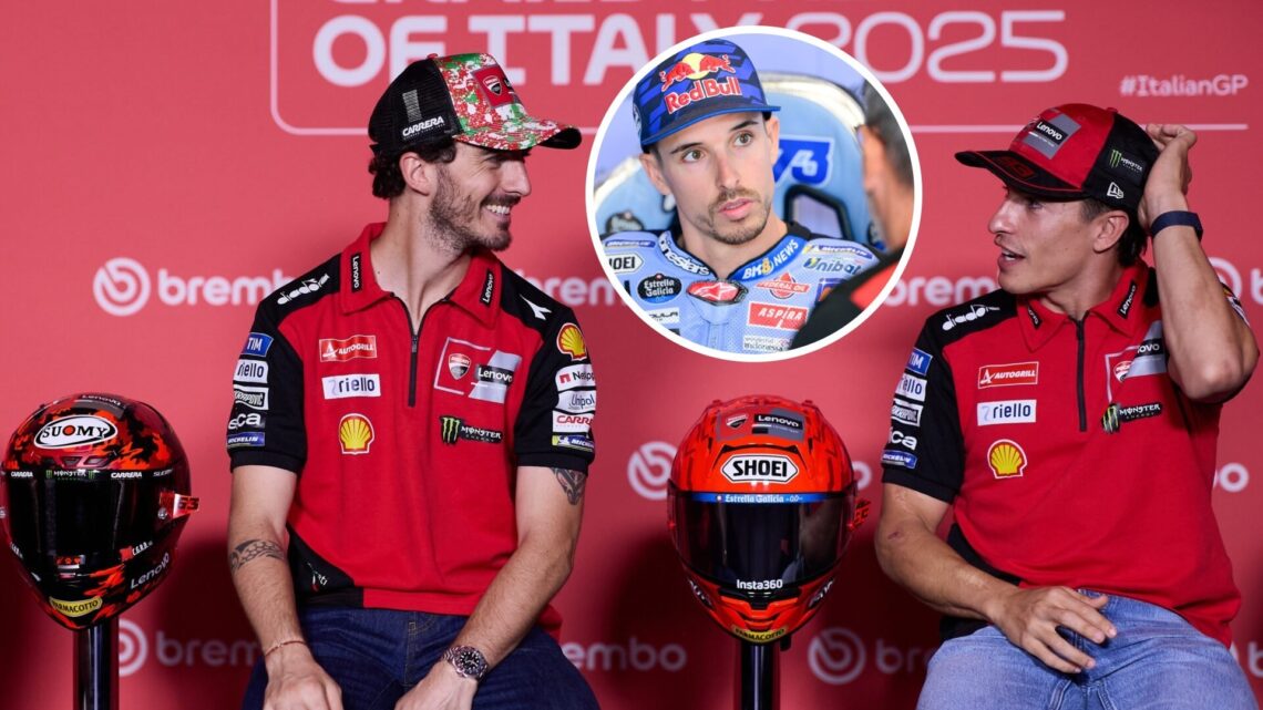 Ducati riders Francesco Bagnaia and Marc Marquez at the press conference before the 2025 Italian Grand Prix, inset Alex Marquez