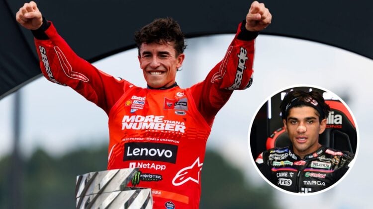 Marc Marquez of Ducati at the 2025 Japanese Grand Prix and Jorge Martin of Aprilia