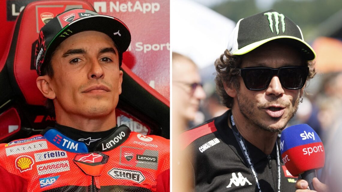 Marc Marquez looks on in the Ducati garage during practice for the 2025 MotoGP San Marino Grand Prix at Misano and Valentino Rossi speaks to Sky at...