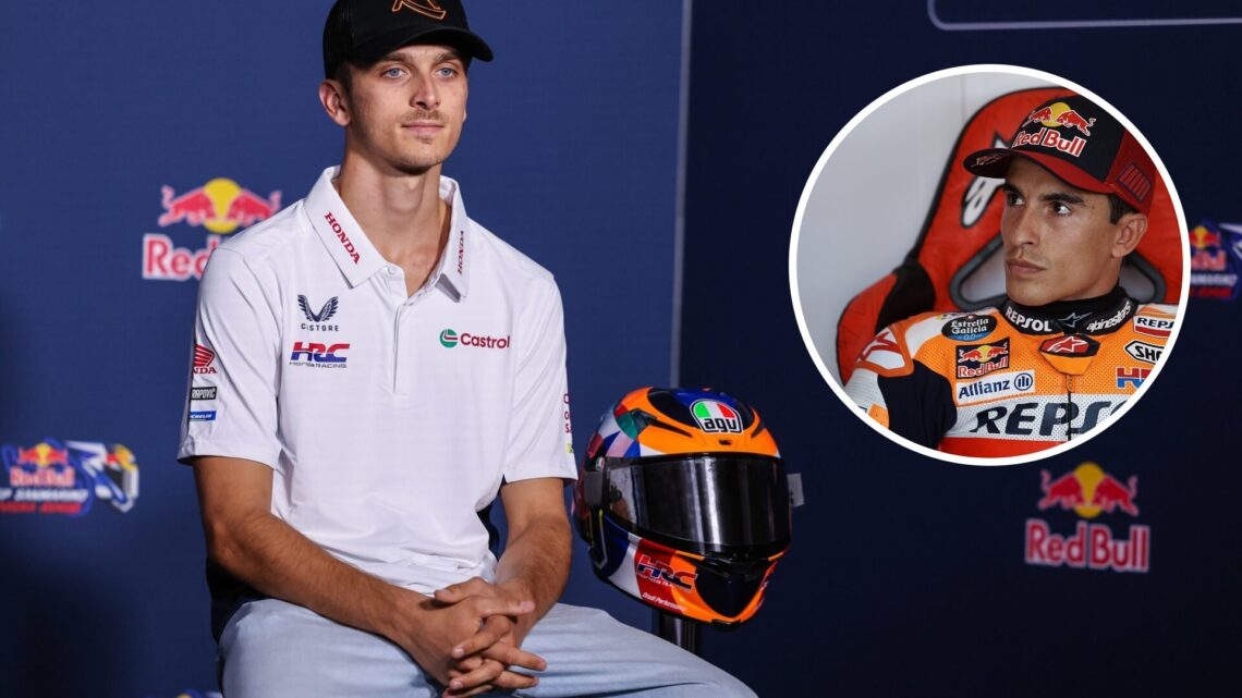 Luca MarinI of Honda speaks in the San Marino Grand Prix press conference; inset of Marc Marquez in Honda colours