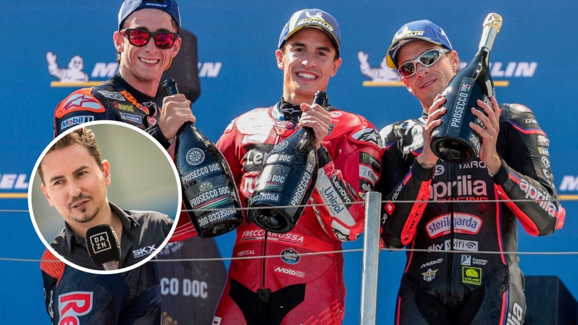 Marc Marquez of Ducati poses on the Hungarian Grand Prix podium with KTM's Pedro Acosta and Aprilia's Marco Bezzecchi; inset of Jorge Lorenzo