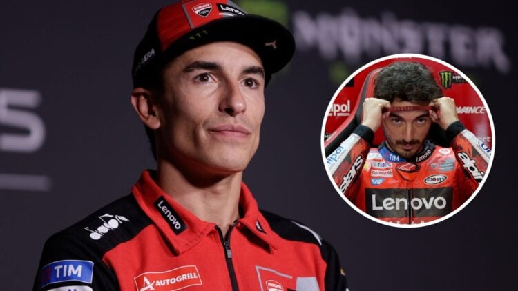 Marc Marquez of Ducati sits in a press conference; inset of Francesco Bagnaia in the garage