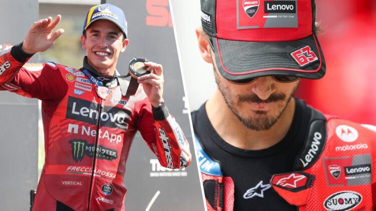 Split image of Ducati rider Marc Marquez (L) after winning the 2025 Catalan Grand Prix Sprint and Francesco Bagnaia (R)