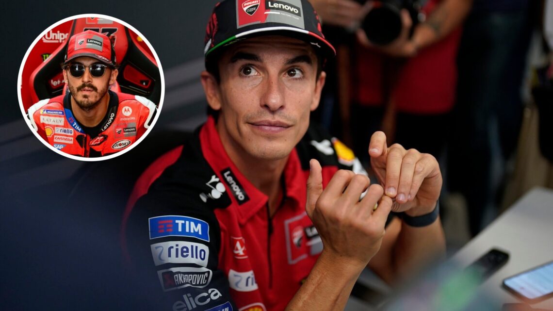 Marc Marquez of Ducati sits in a media briefing; inset of teammate Francesco Bagnaia in the garage
