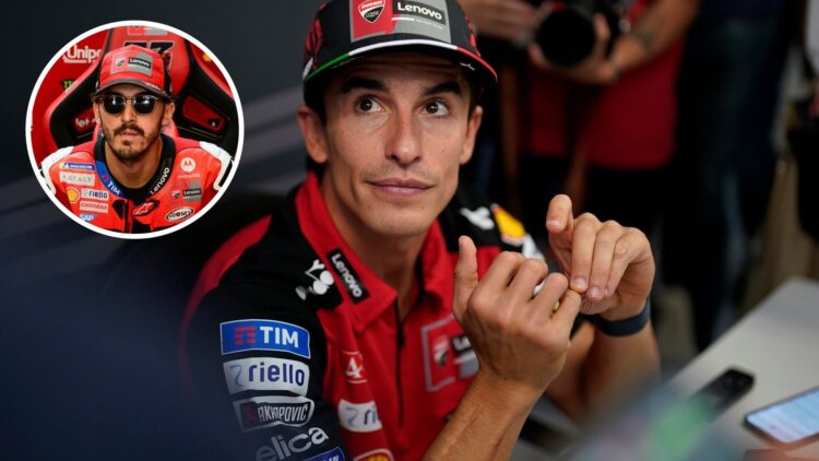 Marc Marquez of Ducati sits in a media briefing; inset of teammate Francesco Bagnaia in the garage