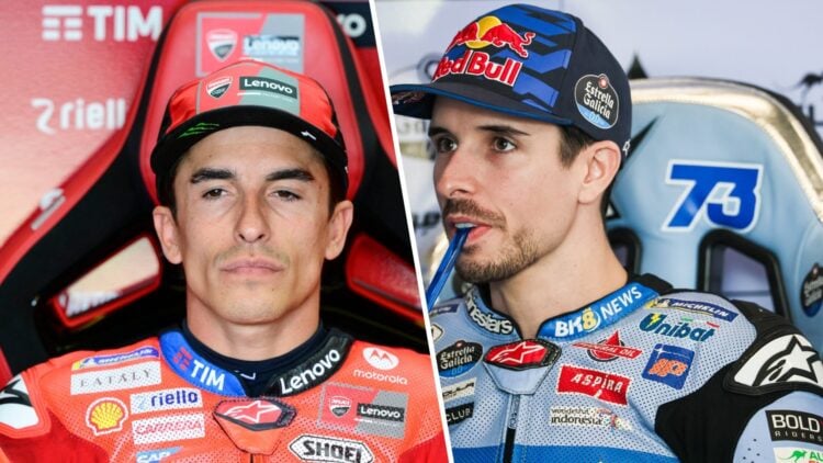 Split image of Ducati rider Marc Marquez (L) and Gresini rider Alex Marquez (R) inside their garages