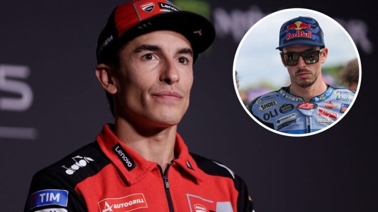 Ducati rider Marc Marquez speaks to the media before the 2025 Catalan Grand Prix, inset Alex Marquez