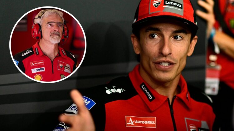 Marc Marquez of Ducati speaks to the media at the 2025 Hungarian Grand Prix, inset Luigi Dall'Igna