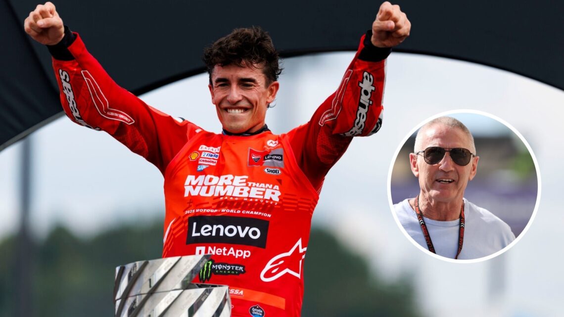 Marc Marquez raises his arms aloft as he stands over the MotoGP championship trophy; inset of Mick Doohan