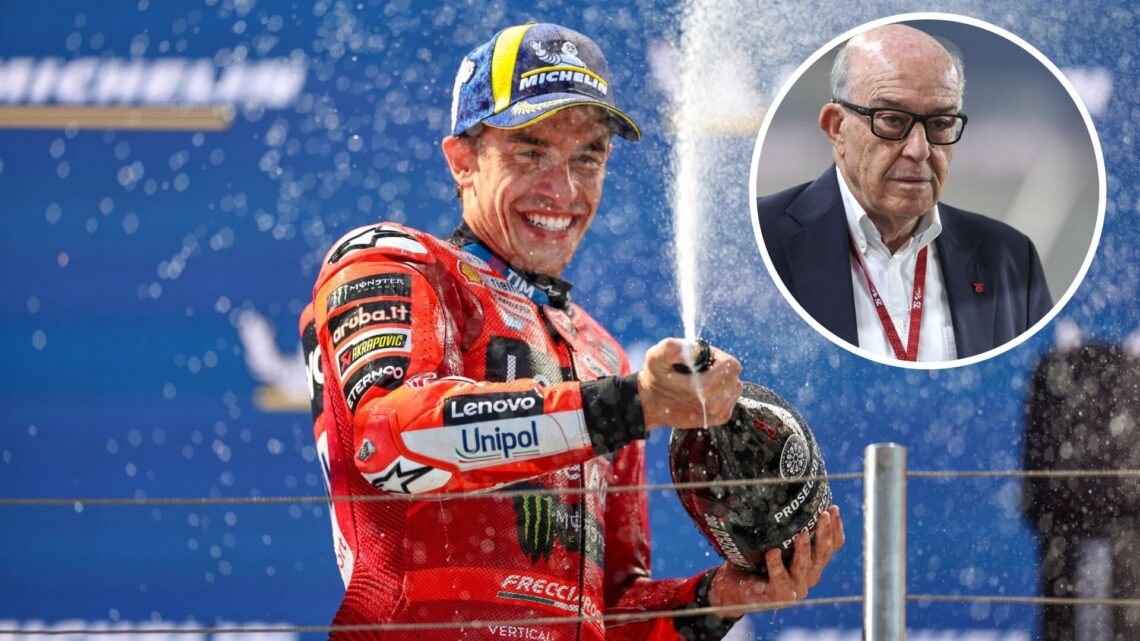 Marc Marquez of Ducati celebrates on the podium at the 2025 Hungarian Grand Prix, inset Carmelo Ezpeleta