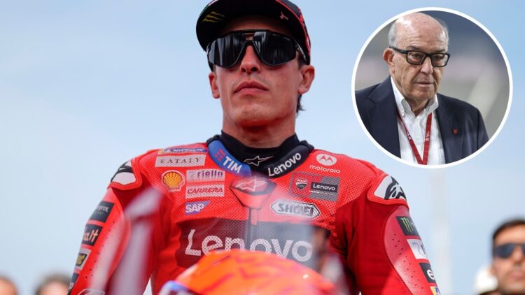 Ducati rider Marc Marquez on the grid ahead of the Sprint at the 2025 San Marino Grand Prix, inset Carmelo Ezpeleta