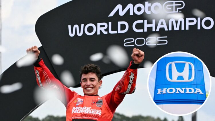 Marc Marquez of Ducati celebrates winning his seventh MotoGP title at the 2025 Japanese Grand Prix, inset Honda logo