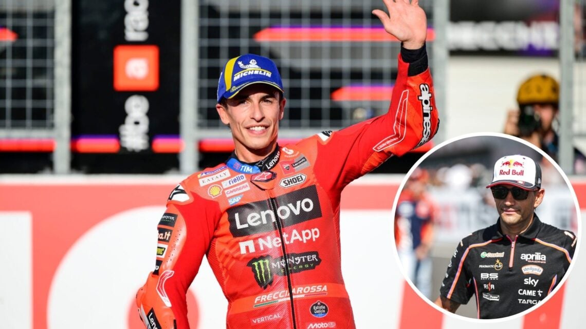 Ducati rider Marc Marquez celebrates after the 2025 Japanese Grand Prix Sprint, inset Jorge Martin