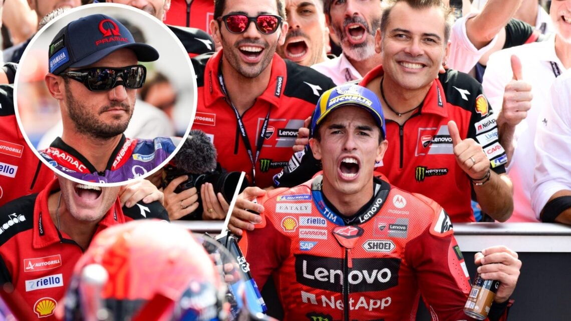 Marc Marquez celebrating his victory at the 2025 San Marino Grand Prix with Ducati team members, inset Jack Miller