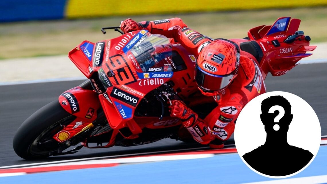Marc Marquez of Ducati at the 2025 Hungarian Grand Prix, inset Mystery rider
