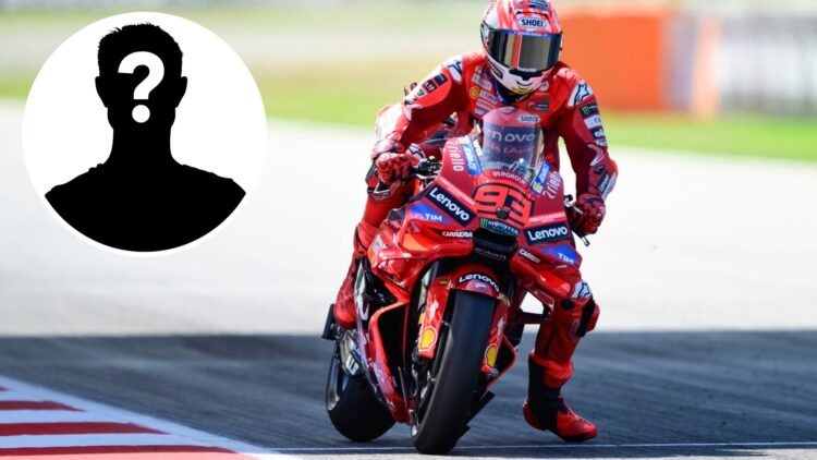 Ducati rider Marc Marquez on track during practice for the 2025 MotoGP Catalan Grand Prix, inset Mystery