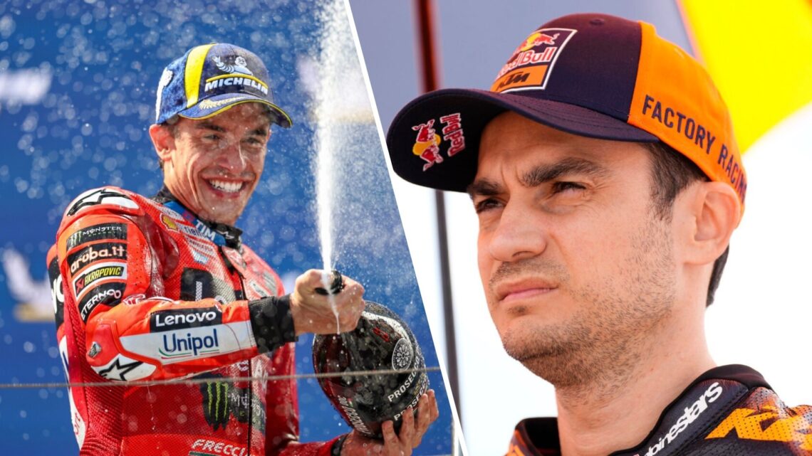 Marc Marquez of Ducati sprays champagne (L); Dani Pedrosa prepares for a MotoGP race with KTM (R)