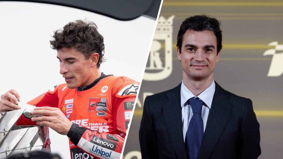 Marc Marquez adds his plaque to the MotoGP Tower of Champions at the Japanese Grand Prix (L); Dani Pedrosa poses for a photo in a suit (R)