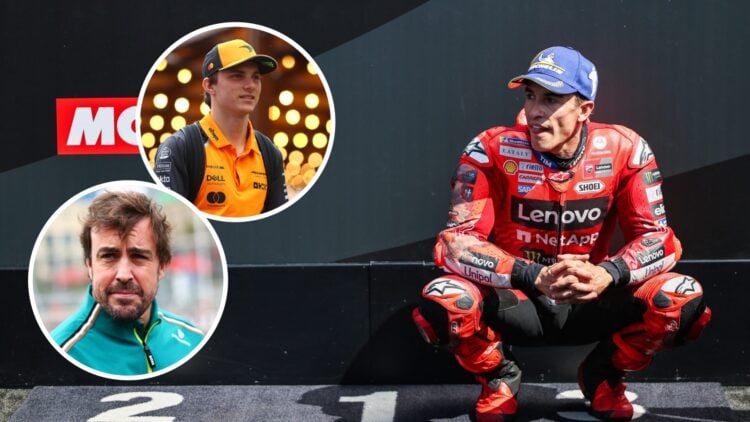 Marc Marquez of Ducati crouches in parc ferme at the 2025 Japanese Grand Prix, insets Oscar Piastri and Fernando Alonso