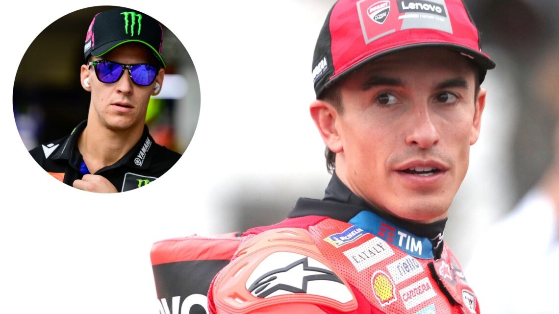 Marc Marquez of Ducati at the 2025 Japanese Grand Prix, inset Fabio Quartararo
