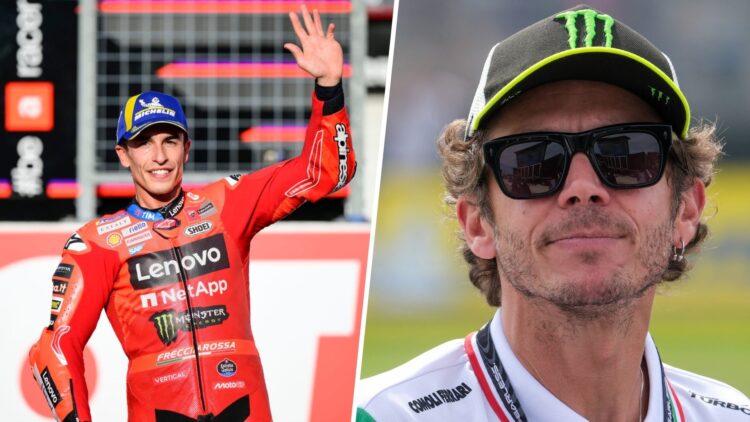 Split image of Marc Marquez (L) at the 2025 Japanese Grand Prix and MotoGP legend Valentino Rossi