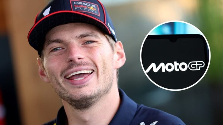 Max Verstappen of Red Bull Racing at the 2025 Italian Grand Prix and the MotoGP logo